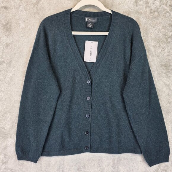 C by Bloomingdale's Cardigan Sweater Womens Medium Dark Green Cashmere Button Up - Picture 1 of 10